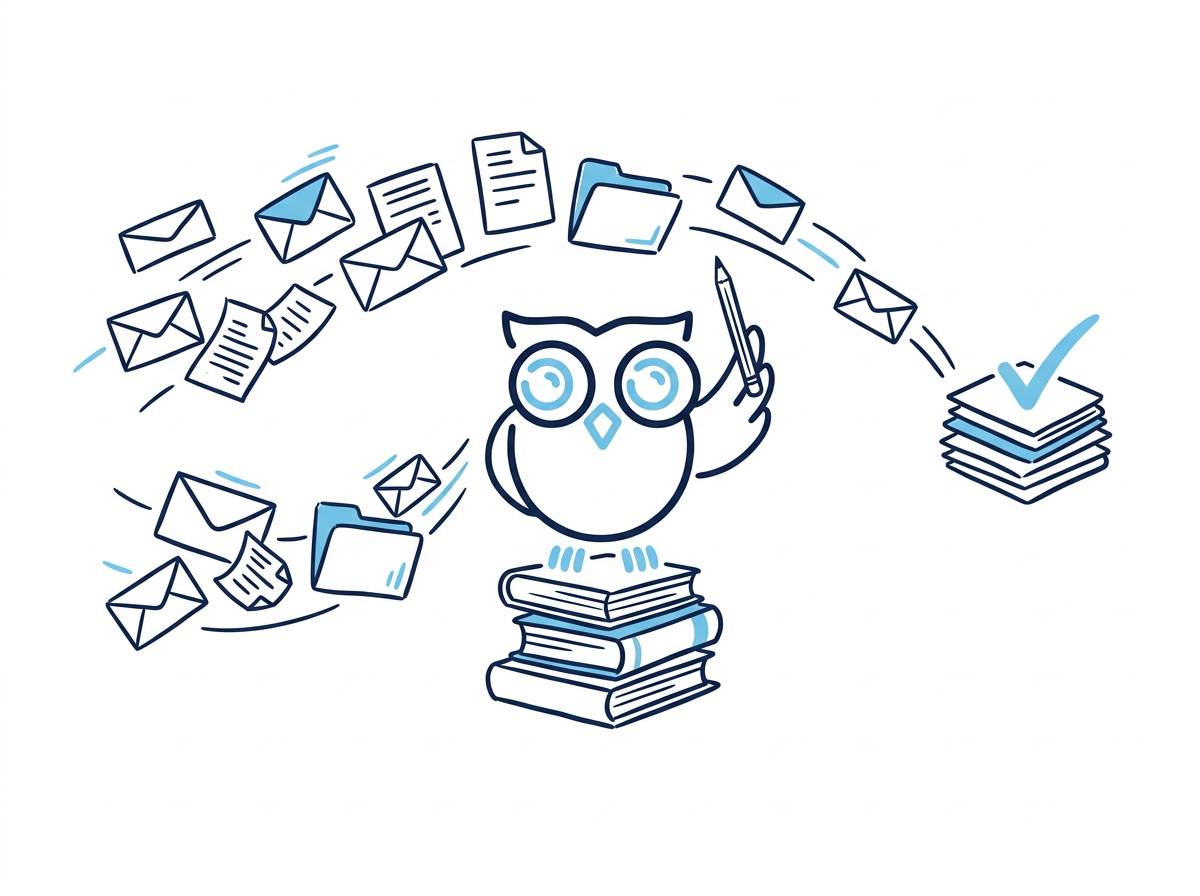 Illustration: eine Eule dirigiert Dokumente und E-Mails in geordnete Bahnen